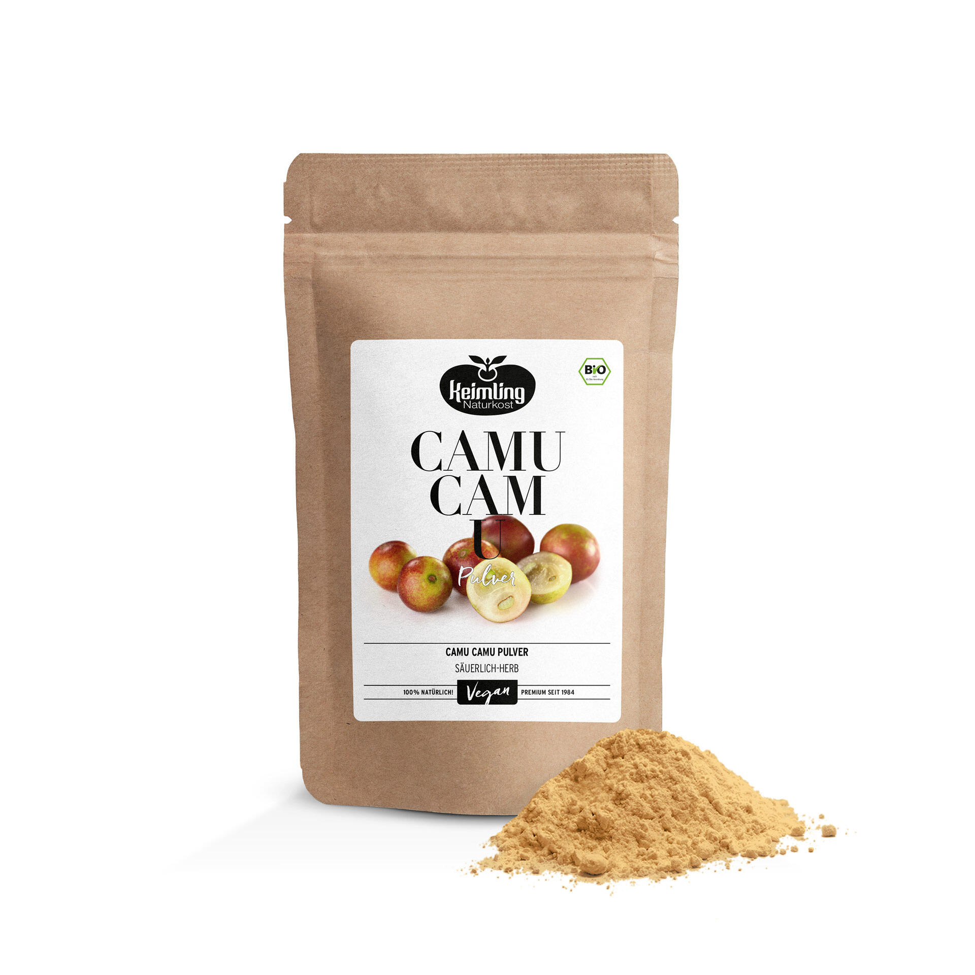 Braunes Standbodenbeutel mit dem Aufdruck Keimling Naturkost Camu Camu Pulver und Bio-Siegel. Vorne liegt ein Häufchen hellbraunes Pulver.