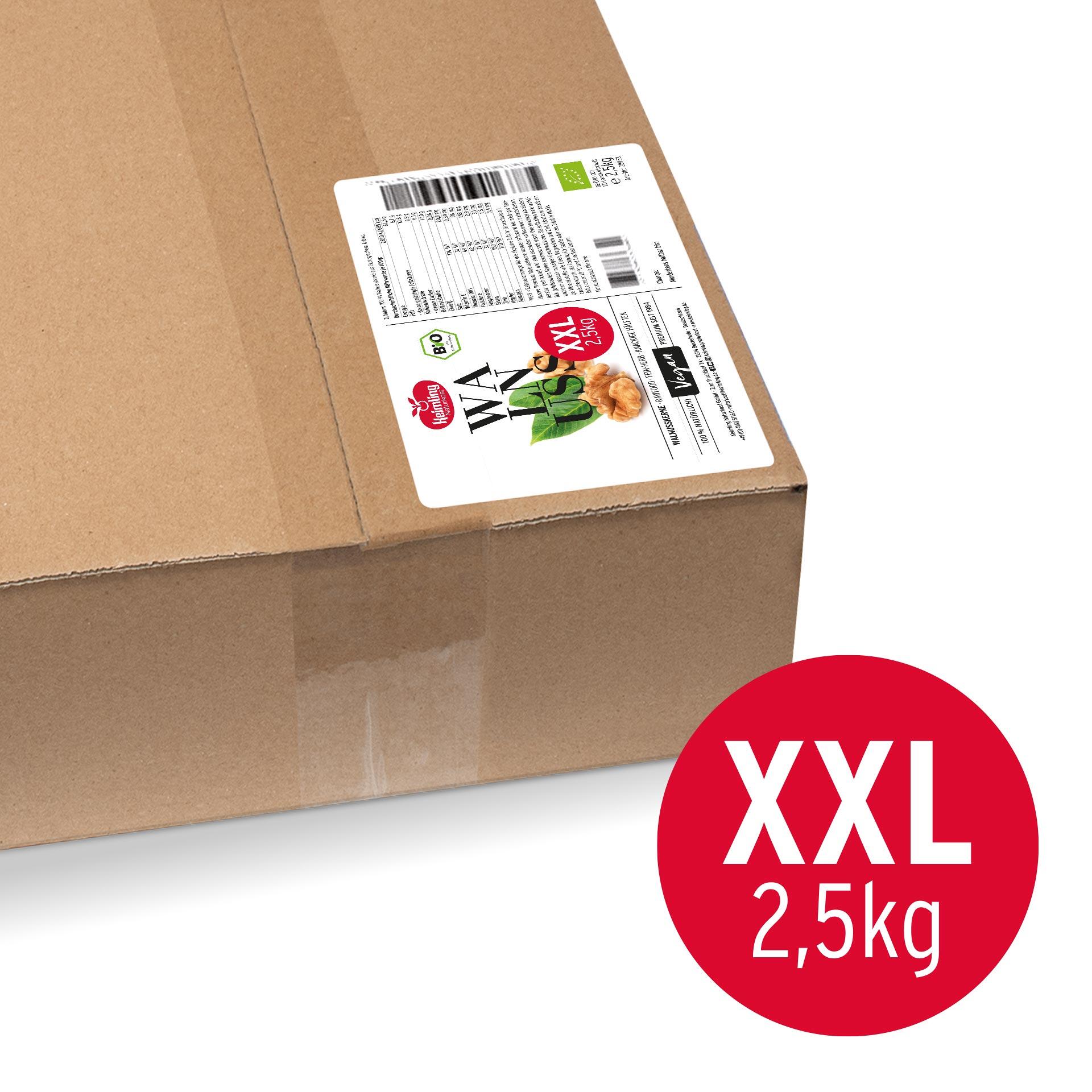 Walnusskerne, bio 2.5 kg Braune Versandkarton mit einem Etikett, das Bio-Walnusskerne in XXL-Größe von 2,5 kg zeigt. Auf dem Etikett sind Nährwertangaben, ein Bio-Siegel und die Marke Hefelmair zu sehen.