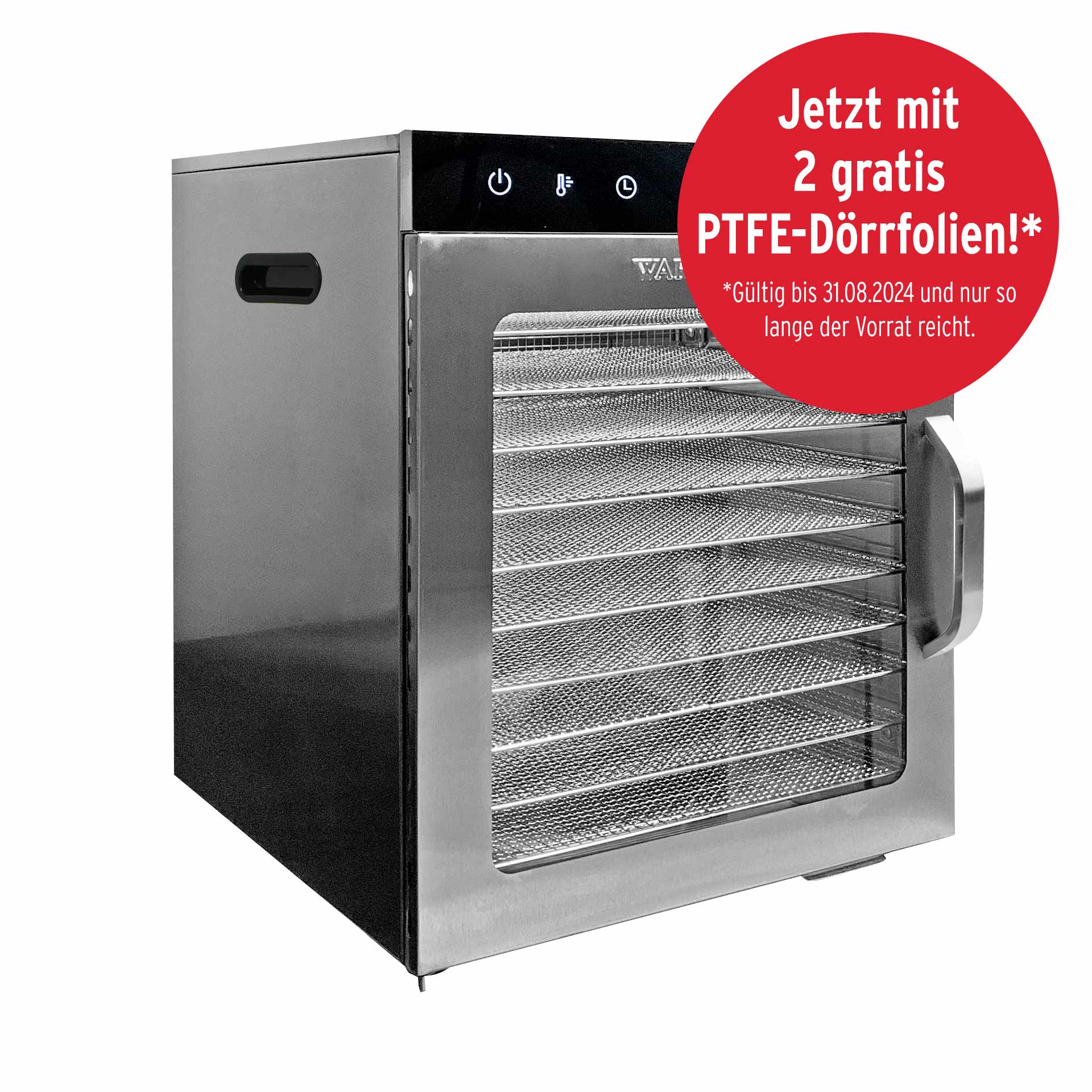 Ein silberner Dörrautomat mit mehreren Metallgittern im Inneren und einem Griff an der Glastür. Rechts oben ein roter Kreis mit weißem Text: Jetzt mit 2 gratis PTFE-Dörrfolien!* *Gültig bis 31.08.2024 und nur so lange der Vorrat reicht.