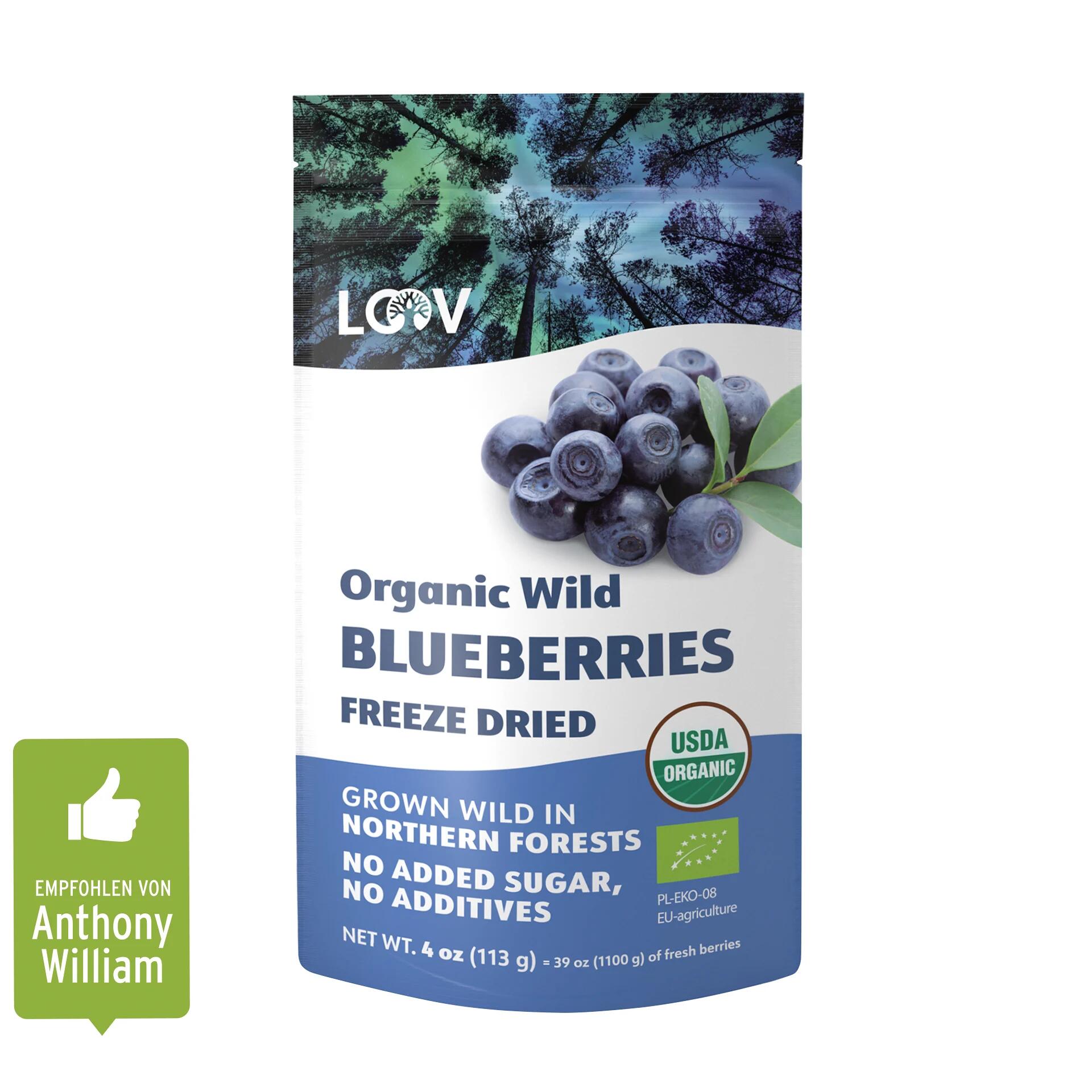 Packung mit gefriergetrockneten, ganzen Wildheidelbeeren der Marke LOOV. Text: Organic Wild BLUEBERRIES FREEZE DRIED, Grown Wild in Northern Forests, No Added Sugar, No Additives. USDA Organic Siegel.