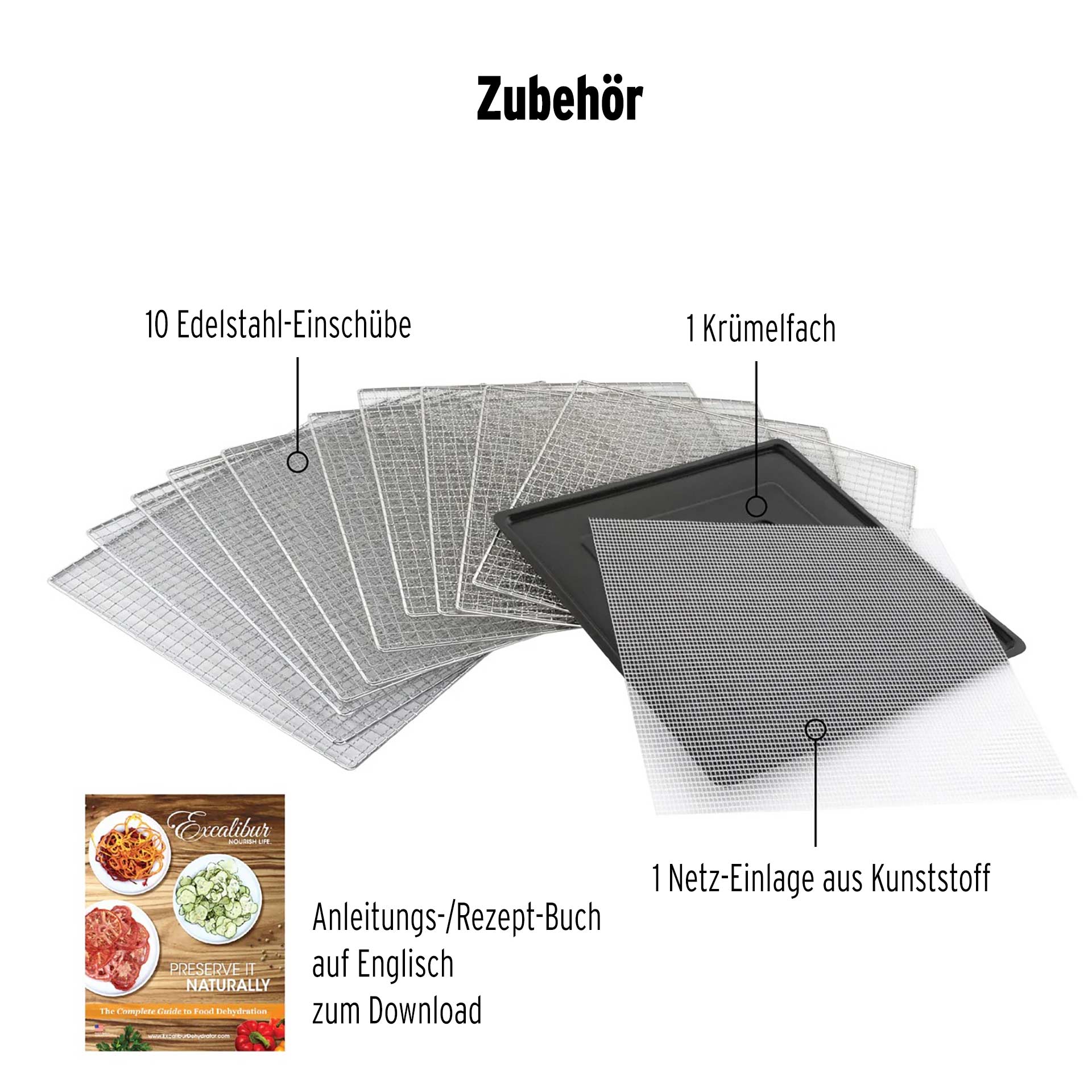 Zehn Edelstahl-Einschübe sind auf einer Fläche ausgebreitet. Daneben liegt ein schwarzes Krümelfach mit einer weißen Netz-Einlage aus Kunststoff. Ein Anleitungs-/Rezept-Buch auf Englisch ist im Bild zu sehen.