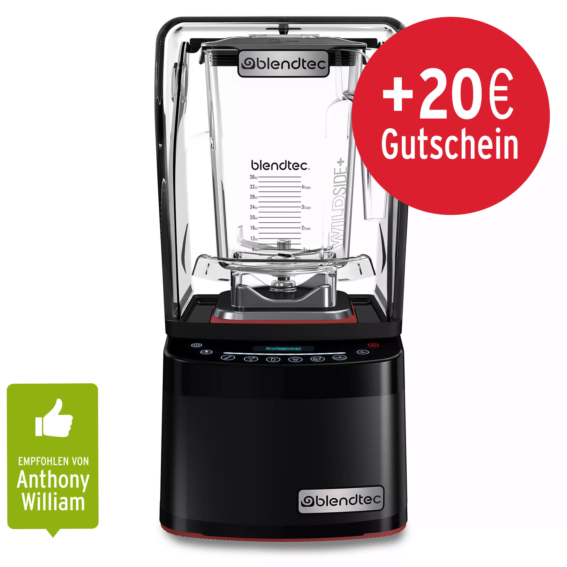 Blendtec Professional 800 Mixer mit transparentem WildSide+ Behälter und Bedienfeld. Roter Aufkleber mit weißem Text +20 € Gutschein. Grünes Label Empfohlen von Anthony William.