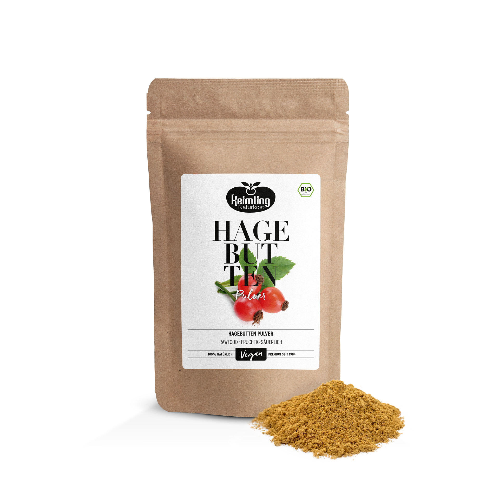 Braunes, wiederverschließbares Verpackungsbeutel mit Aufschrift Keimling Naturkost Hagebutten Pulver. Daneben liegt ein Häufchen hellbraunes Pulver. Auf dem Etikett ist eine Abbildung von Hagebutten und Vegan zu lesen.
