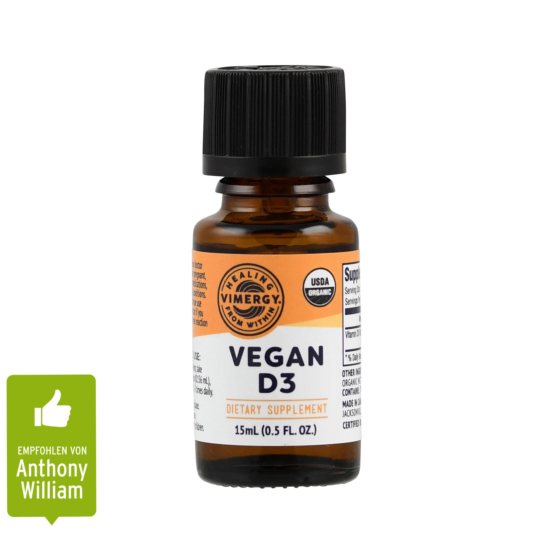 Braune Flasche mit schwarzem Schraubverschluss. Auf dem Etikett steht Vimergy Vegan D3 Dietary Supplement 15ml (0.5 FL.OZ.) mit USDA Organic Siegel.