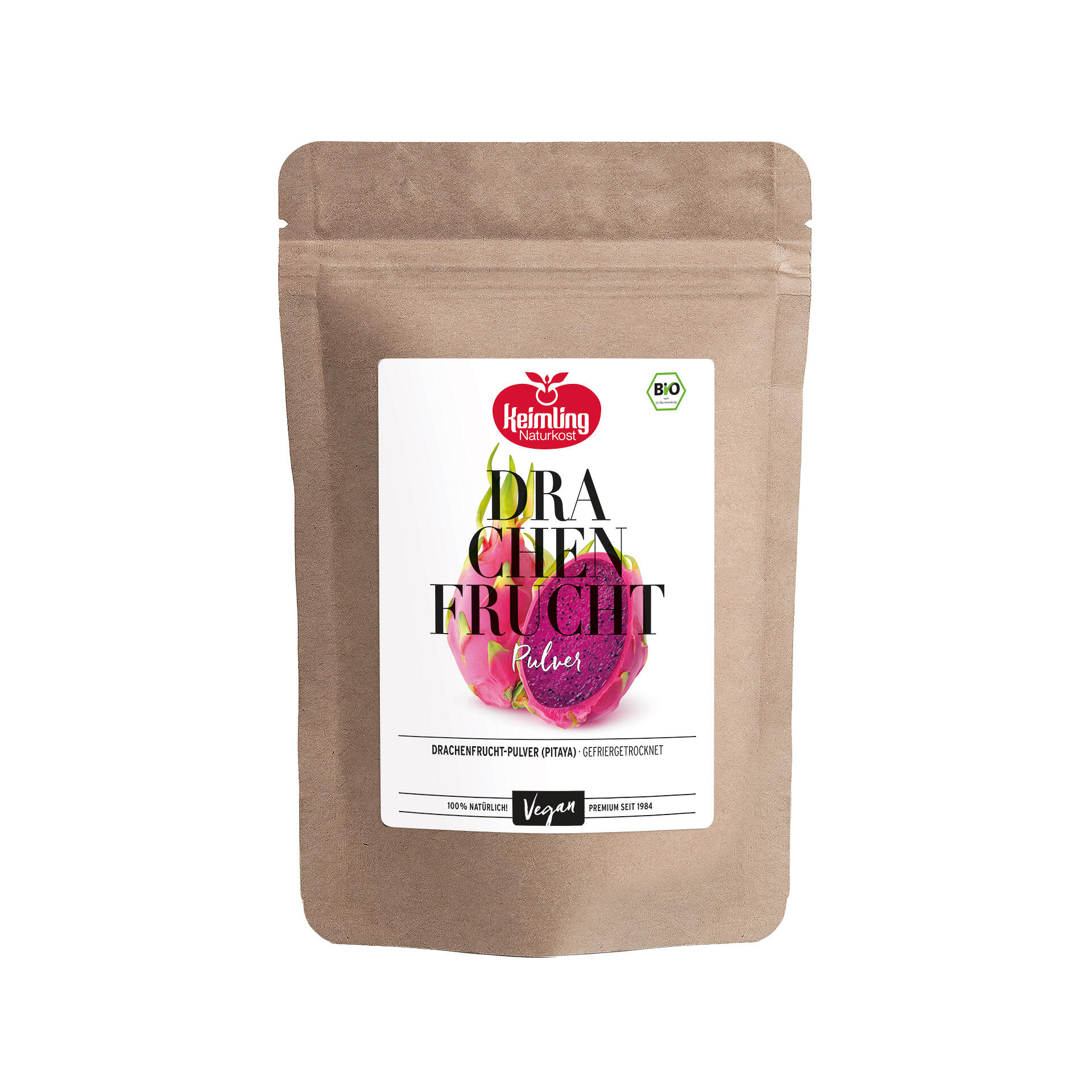 Braunes Standbodenbeutel mit einem Etikett von Keimling Naturkost mit einem Bild einer aufgeschnittenen pinken Drachenfrucht. Aufschrift: Drachenfrucht Pulver, gefriergetrocknet, 100 % natürlich, vegan, Bio.