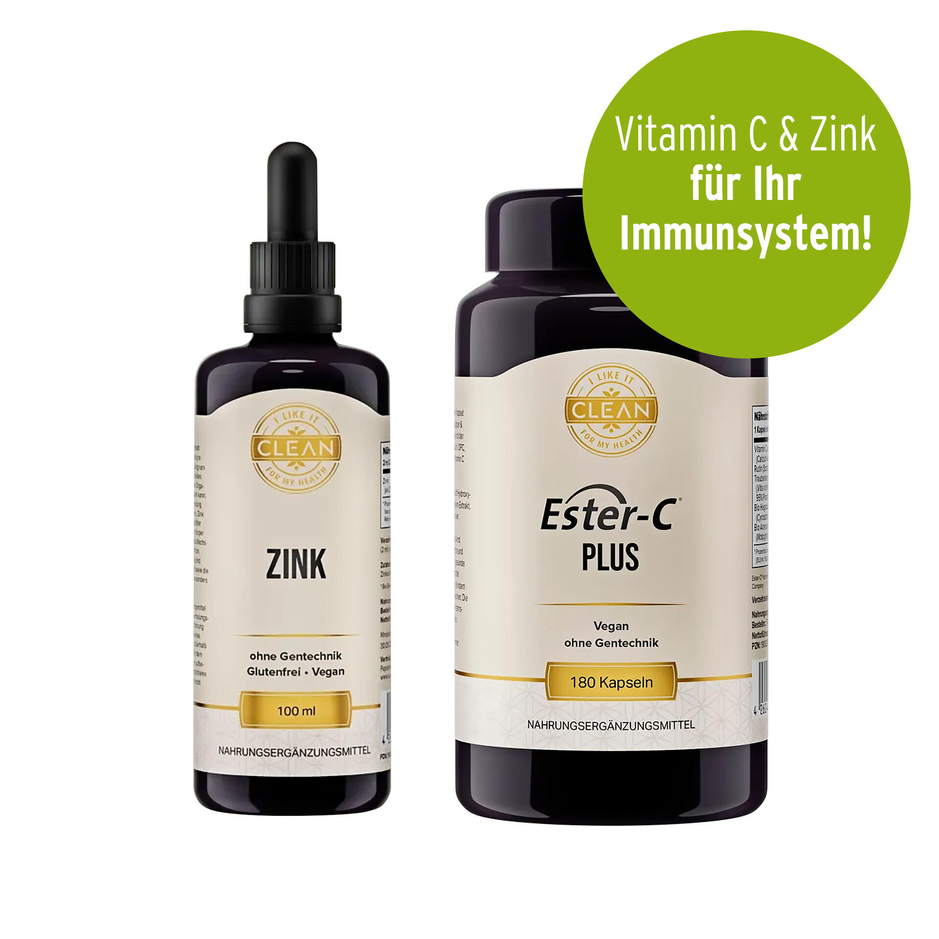Zwei dunkelbraune Flaschen mit hellen Etiketten, links Zink-Flüssigkeit mit 100 ml, rechts Ester-C Plus Kapseln mit 180 Stück, beide vegan und ohne Gentechnik. Grüner Kreis mit Text: Vitamin C & Zink für Ihr Immunsystem!.