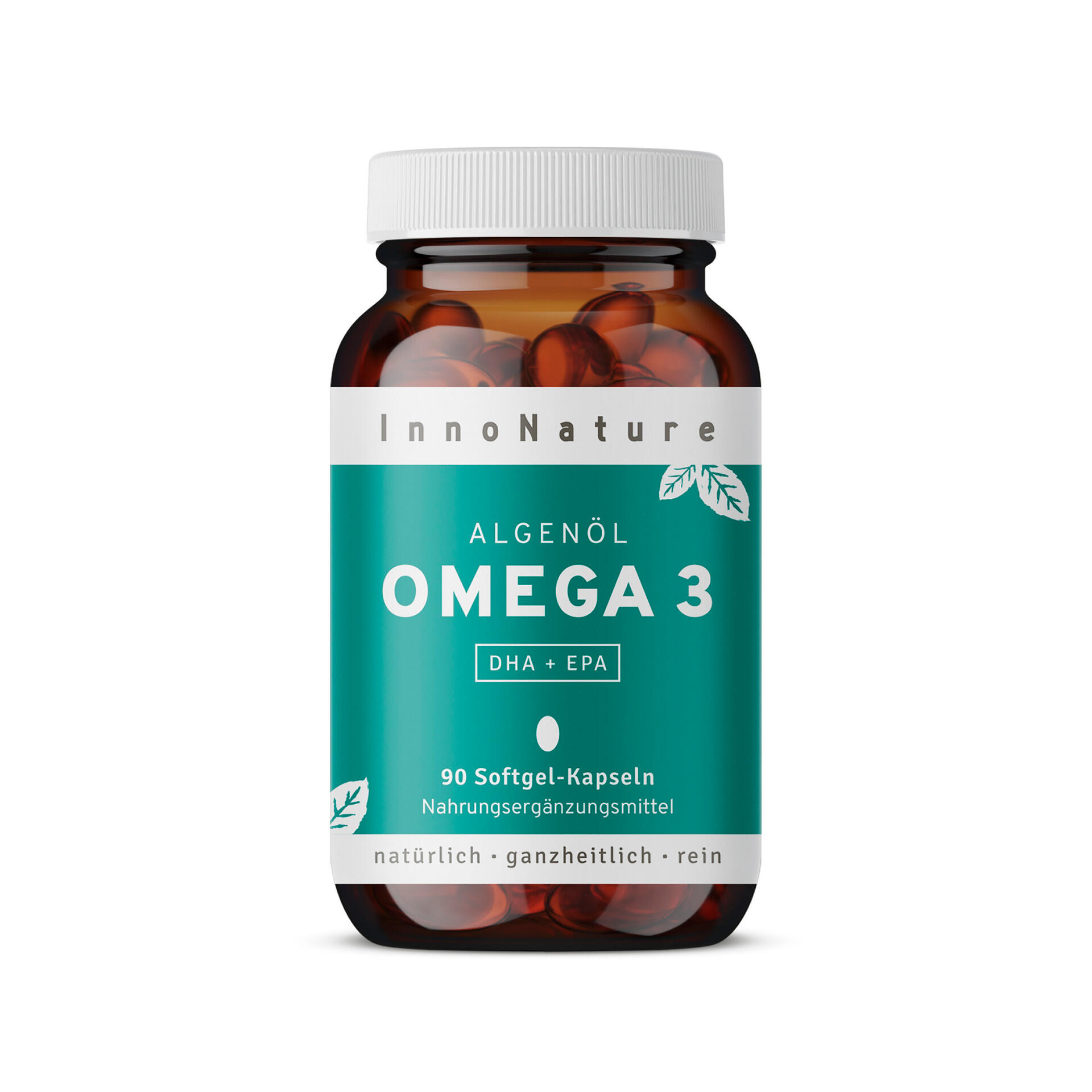 Innonature Omega 3 Kapseln, 90 Kapseln Braune Flasche mit weißem Schraubverschluss und grünem Etikett. Auf dem Etikett steht InnoNature Algenöl OMEGA 3 DHA + EPA 90 Softgel-Kapseln Nahrungsergänzungsmittel natürlich • ganzheitlich • rein. Sichtbare rote-goldene Kapseln im Inneren.