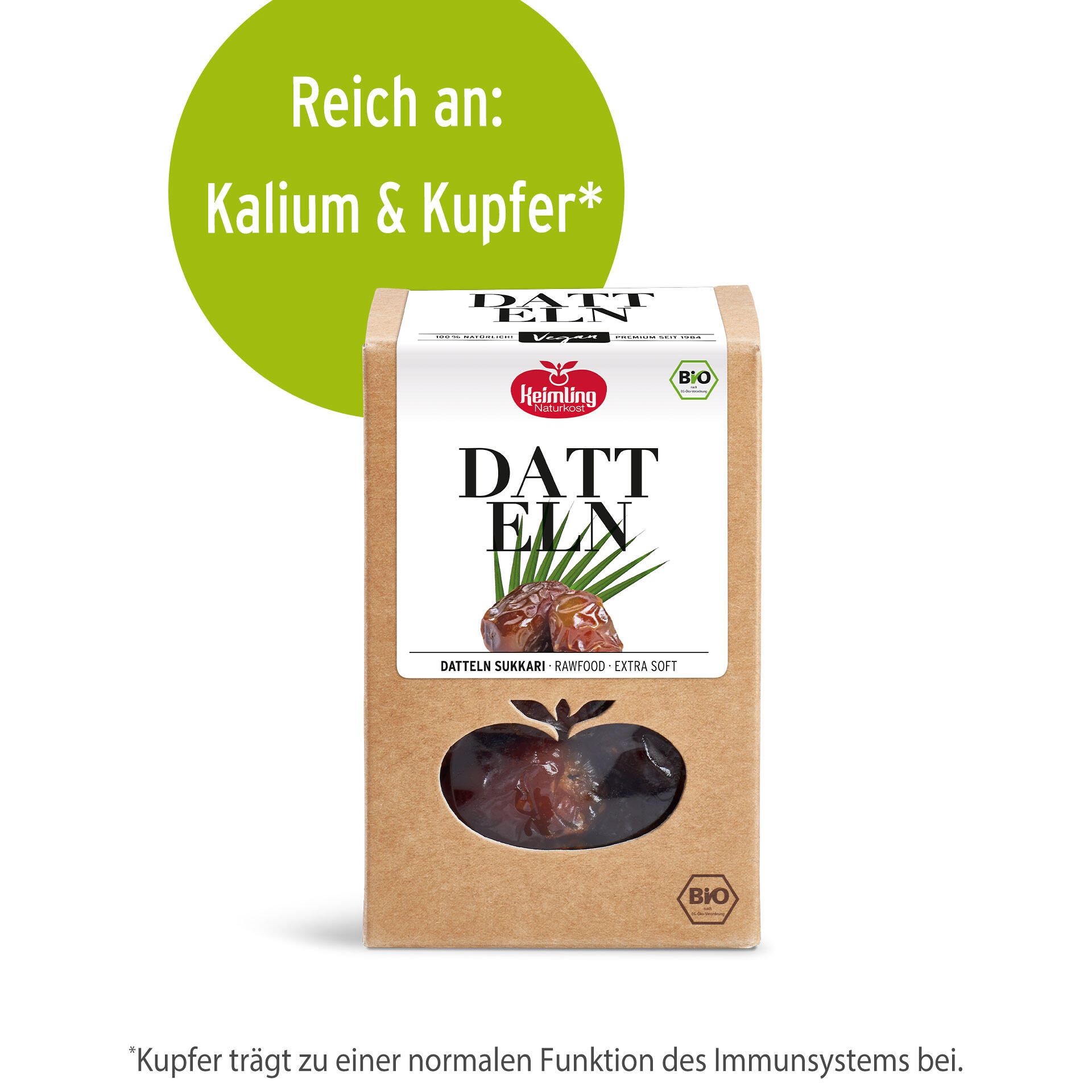 Packung mit Keimling Naturkost Datteln Sukkari Extra Soft, aus braunem Karton mit Sichtfenster, Aufschrift Reich an: Kalium &amp; Kupfer* und Hinweis auf Bio-Qualität.