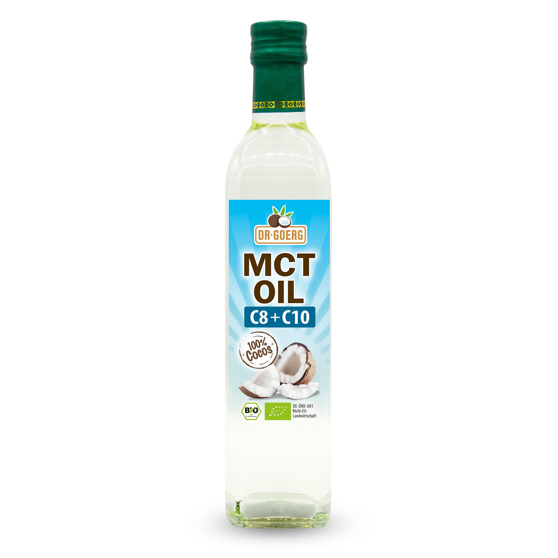 Die Flasche enthält Dr. Goerg MCT Oil C8 + C10 in Bio-Qualität. Das Etikett zeigt Kokosstücke und die Aufschrift 100% Cocos sowie Bio-Siegel.