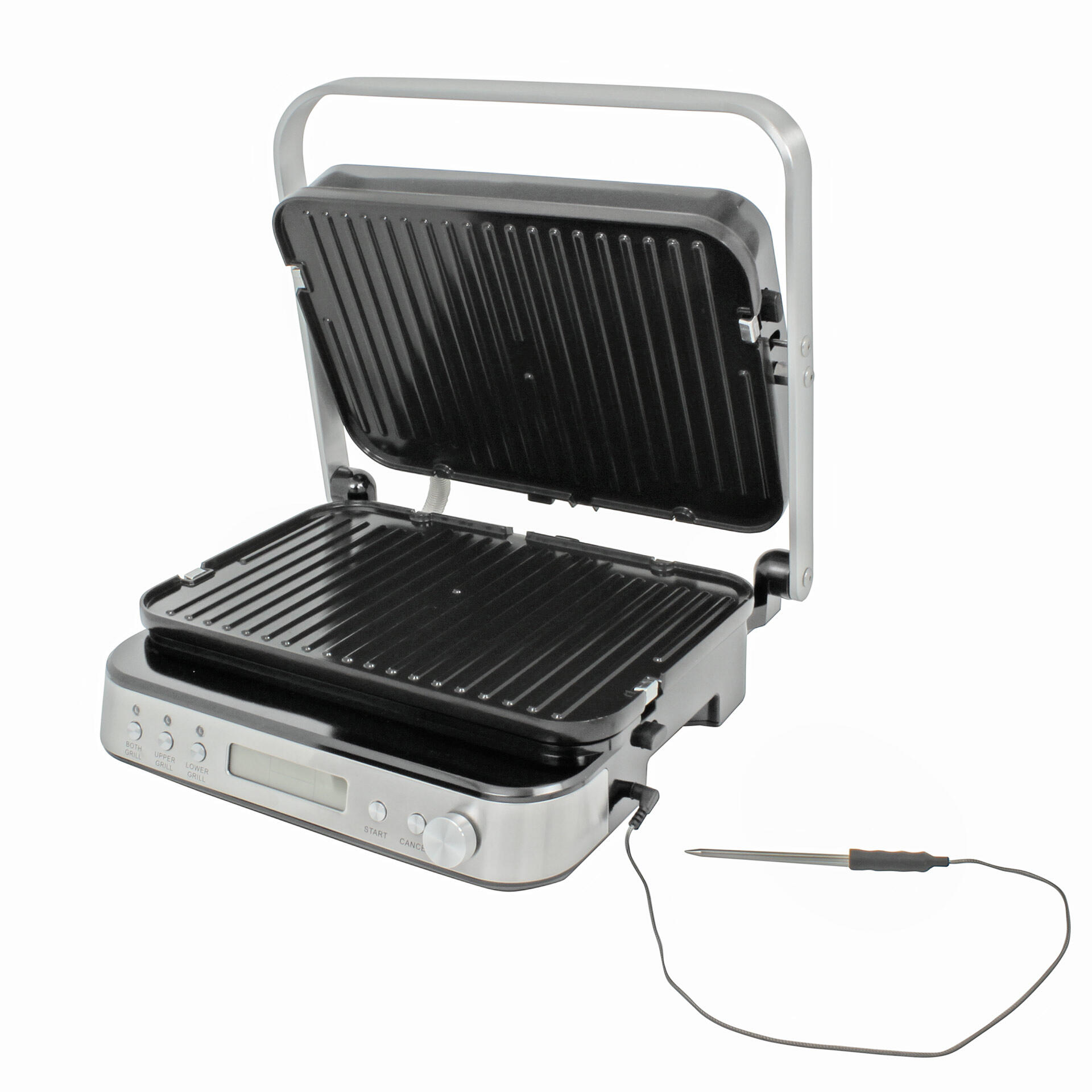 Elektrischer Kontaktgrill mit geöffnetem Oberteil und gerillten Grillplatten. Das Gerät hat eine Anzeige, mehrere Tasten, ein Drehrad und eine angeschlossene Temperatursonde mit Kabel.