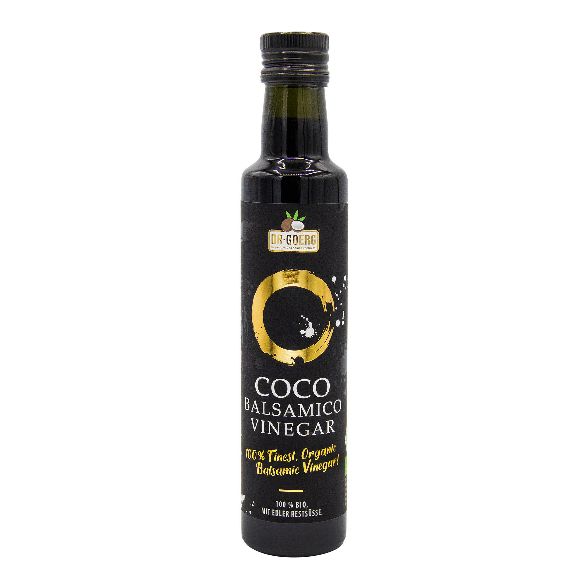 Schwarze Flasche mit schwarzem Schraubverschluss zeigt Etikett mit goldenem Kreis und Schrift DR. GOERG Coco Balsamico Vinegar. Text sagt 100 % Finest, Organic Balsamic Vinegar! und 100 % Bio, Mit Edler Restsüsse.