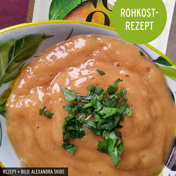 Rohes Mango Dressing Eine Schüssel mit cremigem, orangem Mango-Dressing, garniert mit frisch gehackten grünen Kräutern. Im Hintergrund ein Etikett mit der Aufschrift ROHKOST-REZEPT.