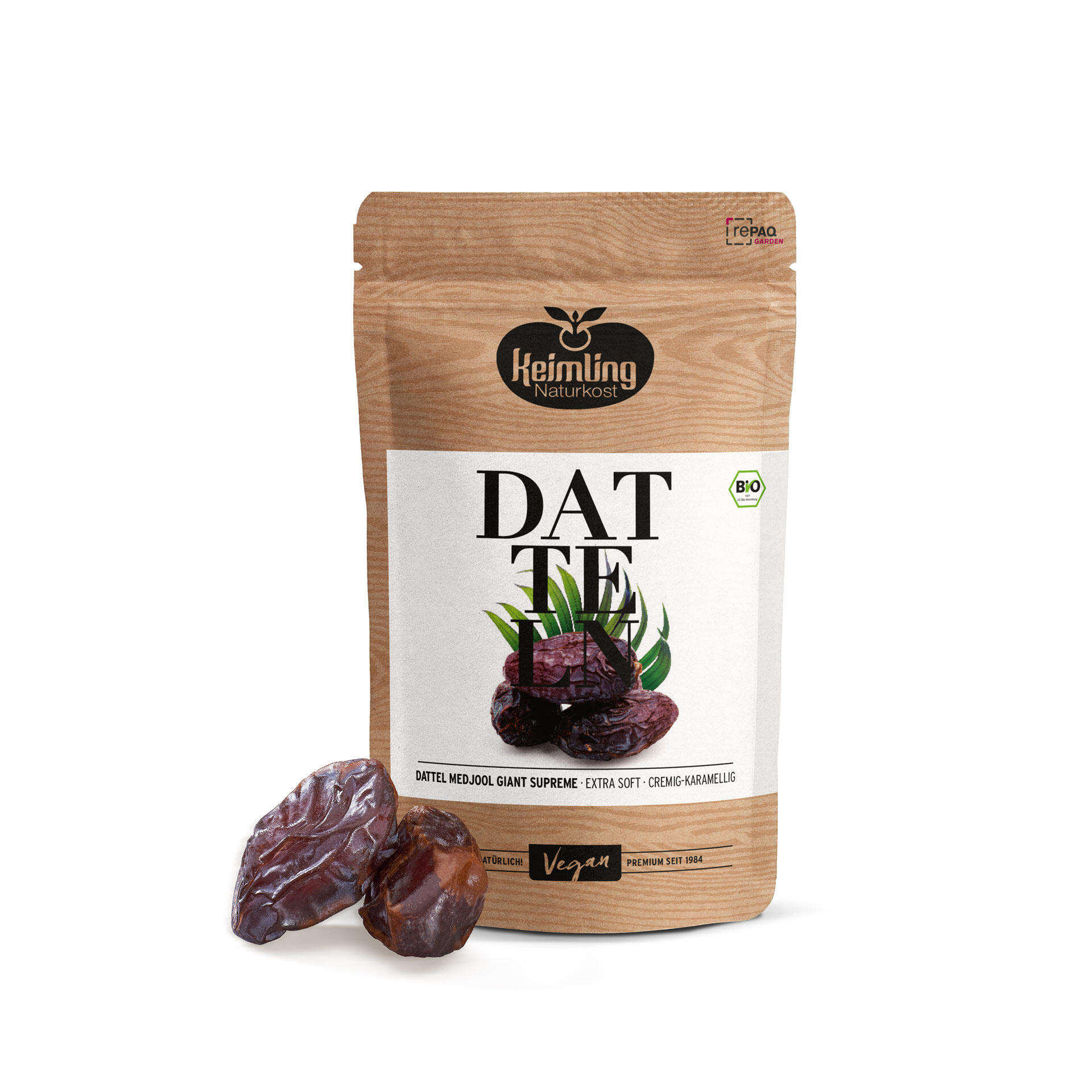 Packung Keimling Naturkost Dattel Medjool Giant Supreme mit drei Datteln vorne, Aufschrift Extra soft • Cremig-Karamellig, Bio-Logo und Vegan-Hinweis.