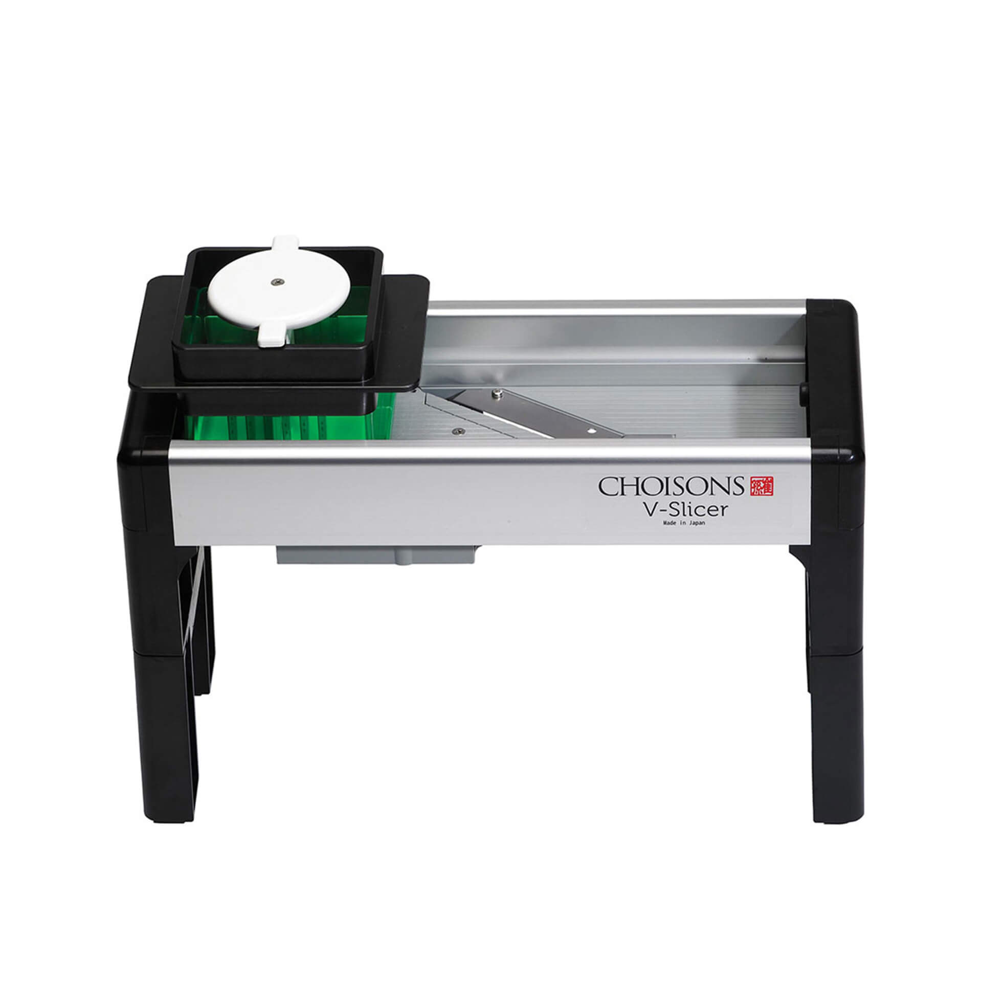 Der Choison&#039;s V-Slicer ist ein neuwertiger, refurbished Gemüseschneider aus Metall und Kunststoff mit klappbaren schwarzen Beinen und einer weißen runden Halterung oben.