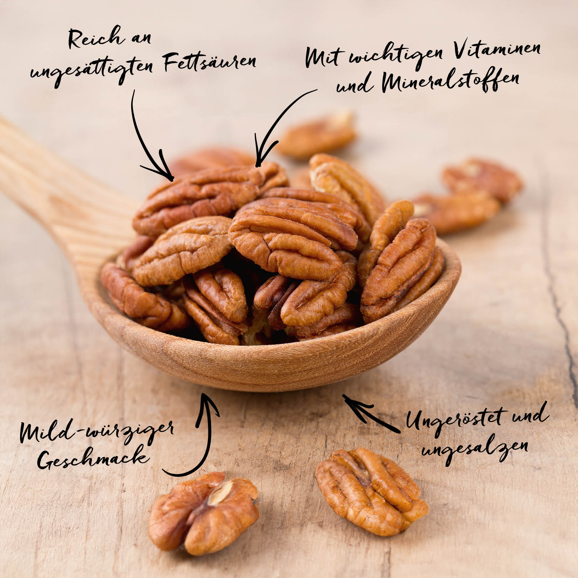 Pekannüsse, bio 150 g Eine Holzkelle nimmt viele Pekannüsse auf. Pfeile zeigen auf die Nüsse mit den Texten: Reich an ungesättigten Fettsäuren, Mit wichtigen Vitaminen und Mineralstoffen, Mild-würziger Geschmack und Ungeröstet und ungesalzen.
