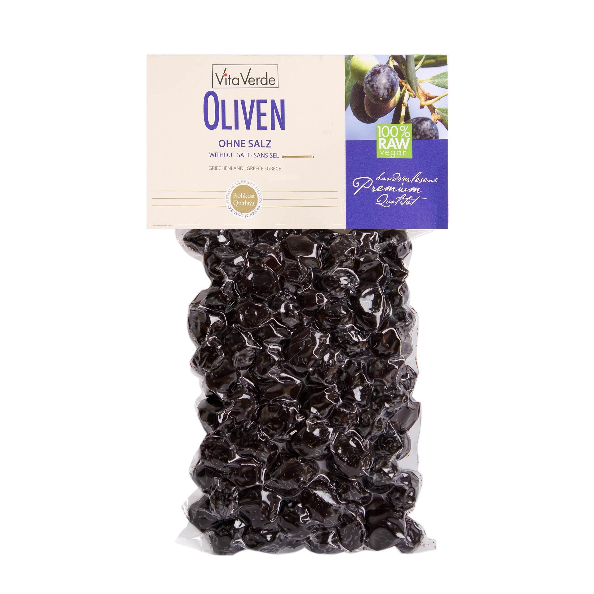 Vita Verde Rohkost Oliven ohne Salz, bio 200g Vakuumverpackte schwarze Oliven der Marke Vita Verde ohne Salz. Verpackung enthält Bio-Rohkost Oliven aus Griechenland mit Hinweis 100% RAW vegan und handverlesene Premium Qualität.