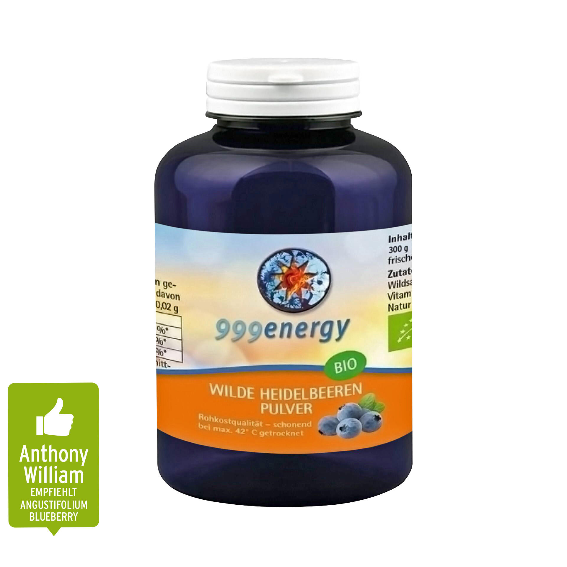 Dunkelblaue Dose mit weißem Deckel zeigt das Produkt 999energy Bio Wilde Heidelbeeren Pulver. Auf dem orangefarbenen Etikett sind Heidelbeeren und der Hinweis Rohkostqualität – schonend bei max. 42° C getrocknet.