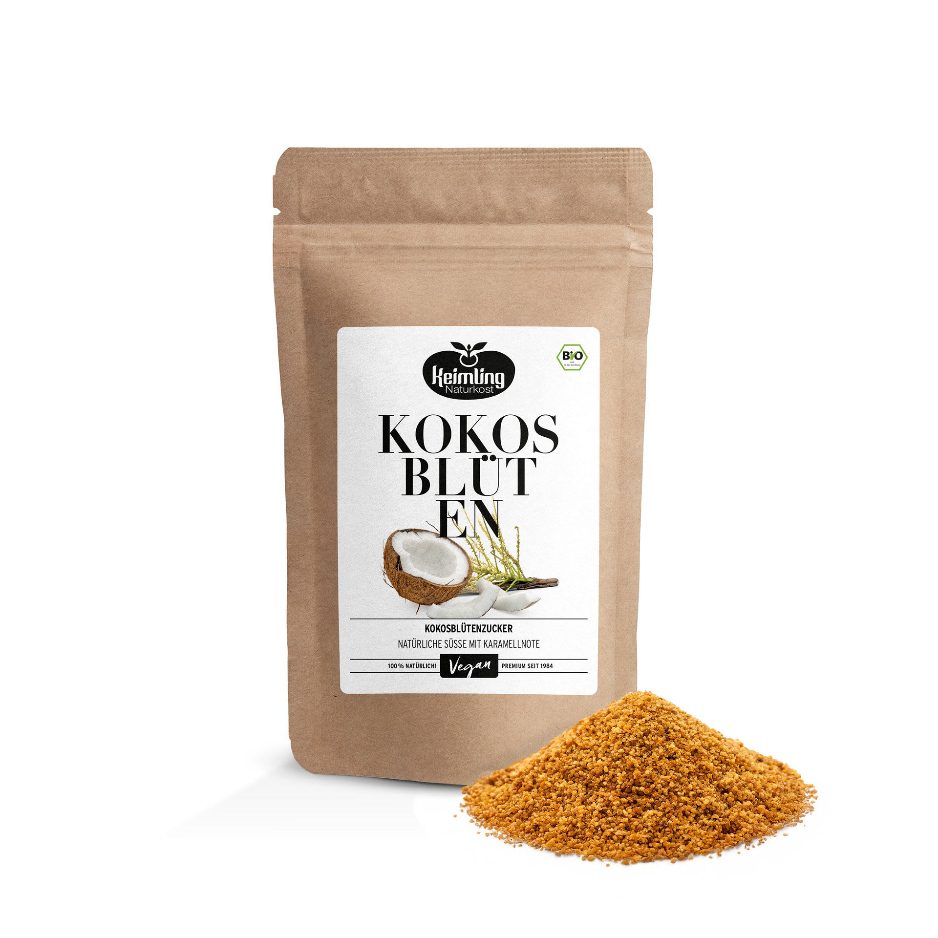 Eine braune Tüte mit dem Etikett Kokosblüten von Keimling Naturkost steht neben einem braunen, körnigen Haufen Kokosblütenzucker.