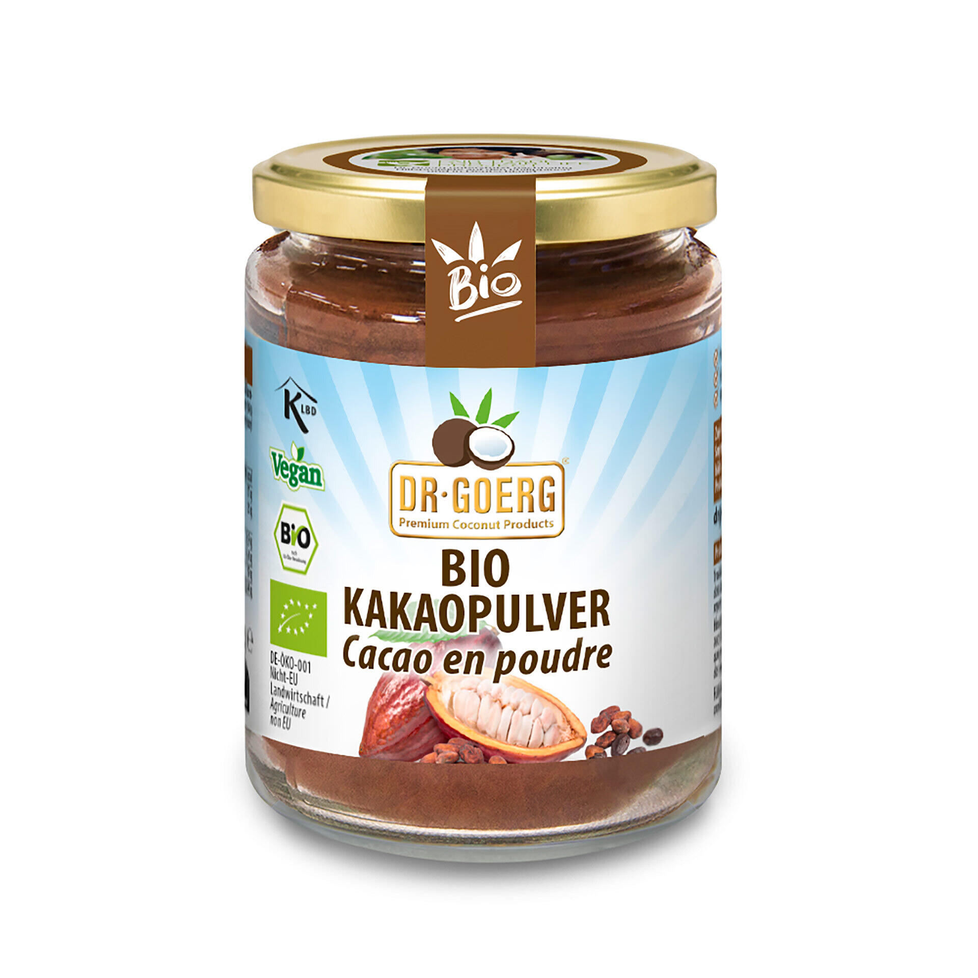 Ein Glas mit goldfarbenem Deckel enthält Dr. Goerg Bio Kakaopulver. Das Etikett zeigt Kakaobohnen, ein geöffnetes Kakao-Fruchtgehäuse und die Aufschriften BIO KAKAOPULVER und Cacao en poudre.