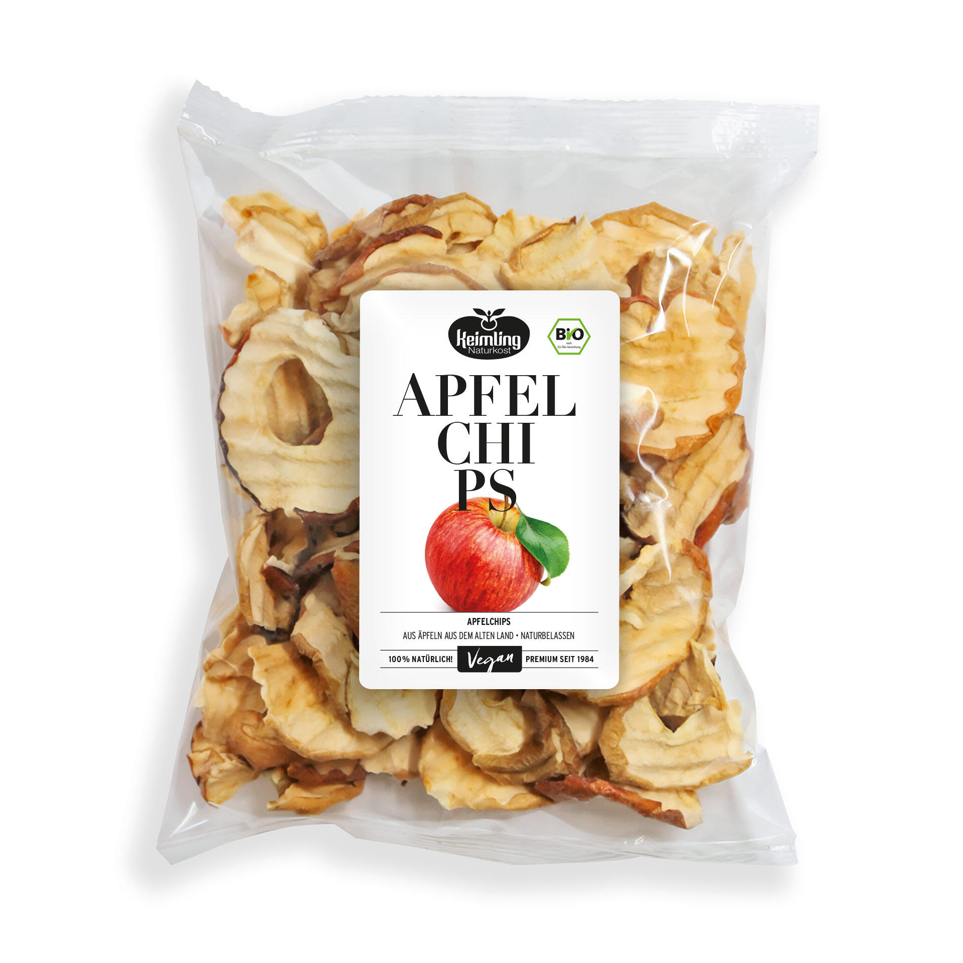 Packung mit getrockneten Apfelchips der Marke Keimling Naturkost. Auf dem Etikett steht: Apfelchips aus Äpfeln aus dem Alten Land. Naturbelassen. 100 % natürlich! Vegan. Premium seit 1984.