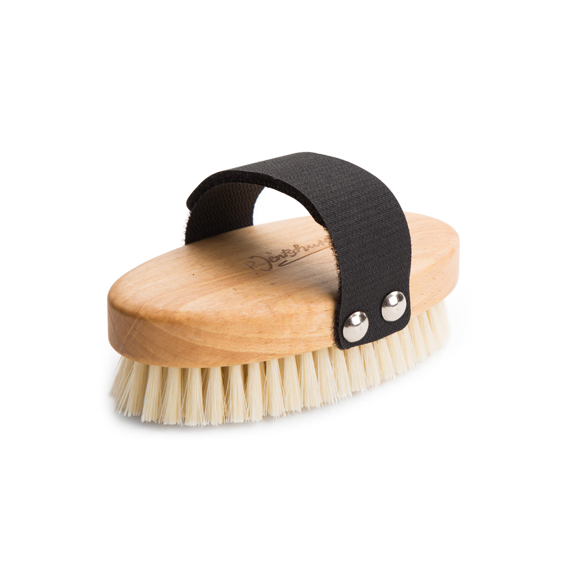 P. Jentschura Profi-Massagebürste mit hölzernem Griff. Sie hat helle Borsten und einen schwarzen Stoffriemen mit zwei silbernen Nieten zur besseren Handhabung.