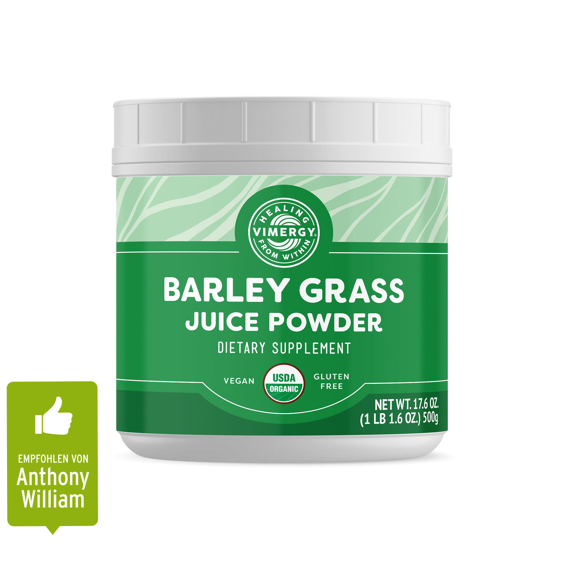 Vimergy Barley Grass Juice Powder in einer weißen Dose mit grünem Etikett. Das Pulver ist vegan, glutenfrei und USDA Organic. Netto 500g, empfohlen von Anthony William.