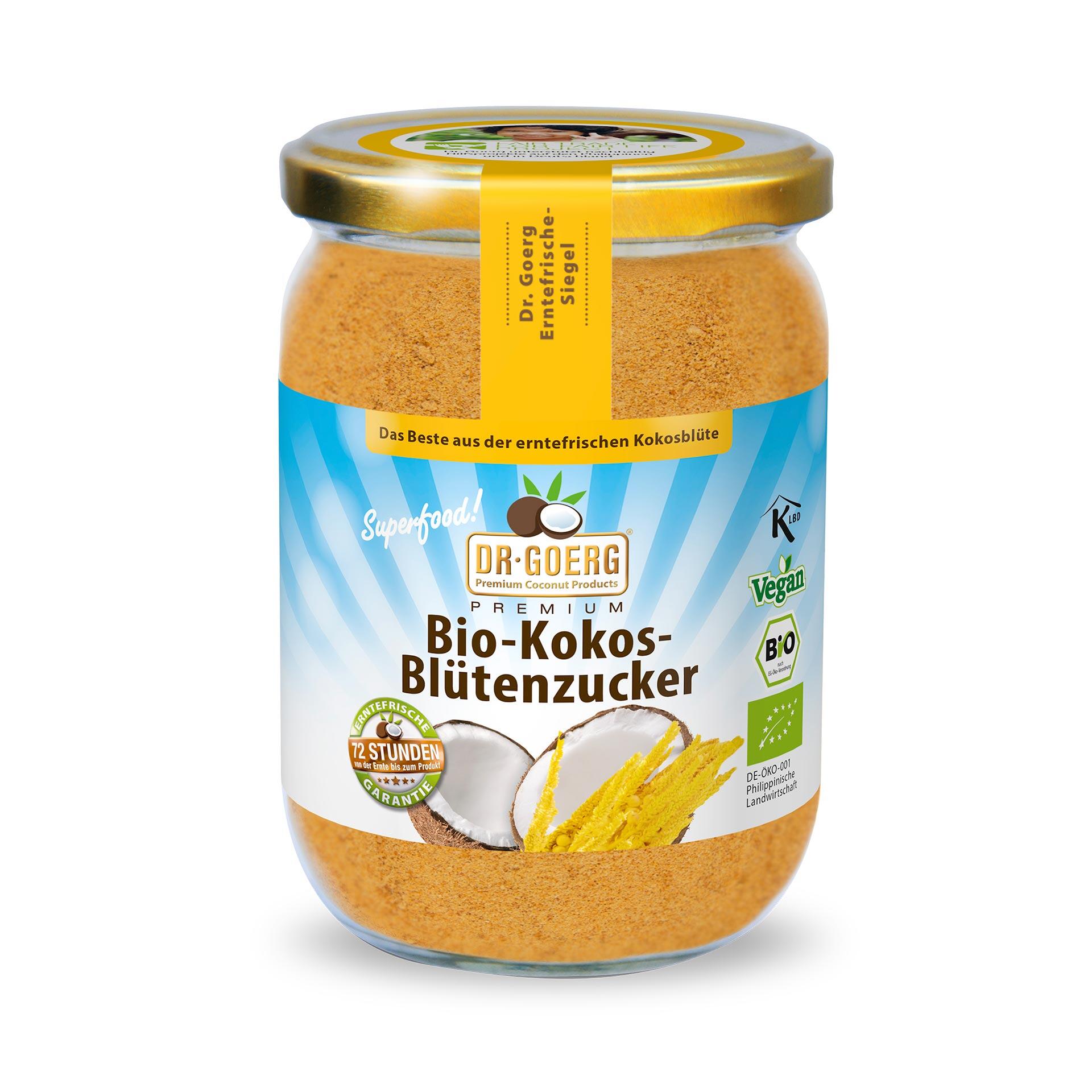 Dr. Goerg Kokosblütenzucker, bio 280 g Glas mit braunem Bio-Kokosblütenzucker von Dr. Goerg mit goldfarbenem Deckel und Aufschrift Bio-Kokos-Blütenzucker. Auf dem Etikett sind Symbole für Vegan, Bio und Erntefrische 72 Stunden.