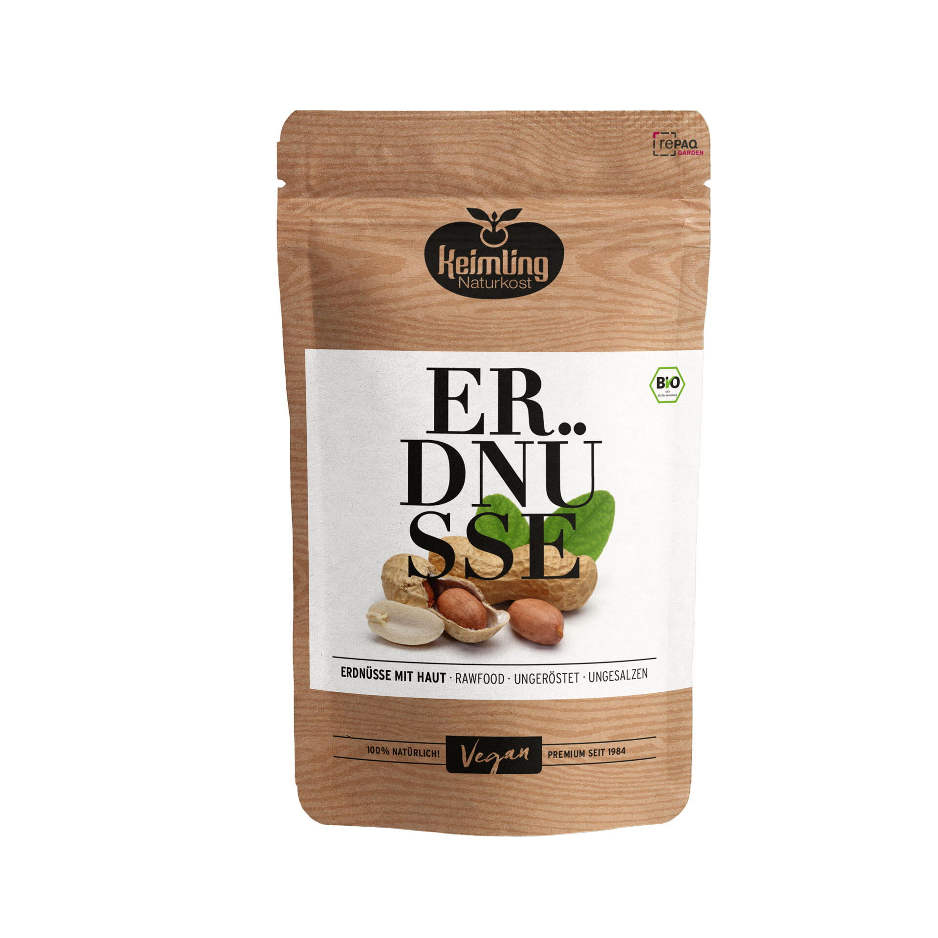 Erdnüsse mit Haut, bio 450 g Verpackung von Keimling Naturkost Erdnüssen mit Haut, ungeröstet und ungesalzen, 450 g. Auf der Packung steht Erdnüsse mit Haut - Rawfood - Ungeröstet - Ungesalzen. Vegan und bio zertifiziert.