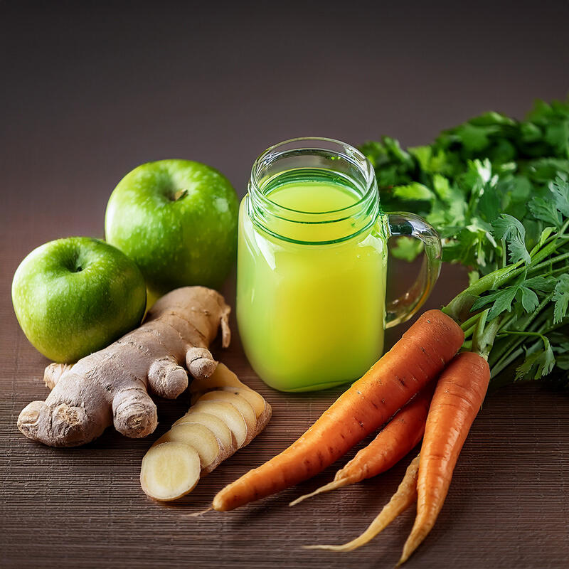 Ein Glas mit gelb-grünem Detox-Koriander-Saft steht neben frischen Karotten, zwei grünen Äpfeln, frischem Ingwer mit einigen Ingwerscheiben und Korianderblättern.