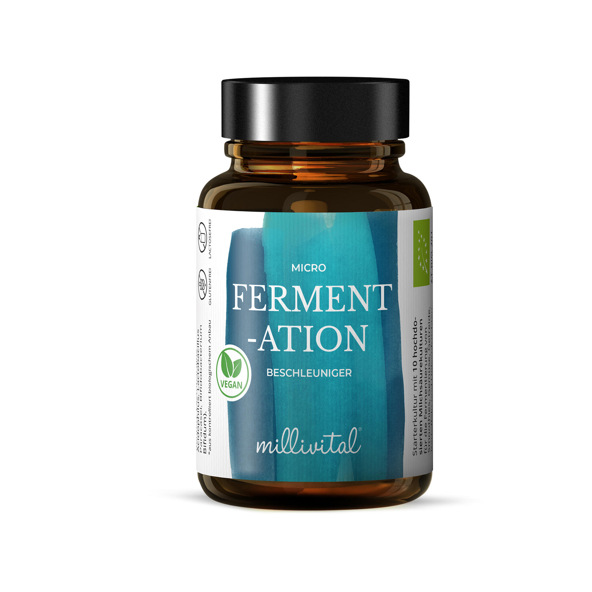 Millivital Micro-Fermentations-Beschleuniger bio Braunes Glasfläschchen mit schwarzem Deckel zeigt Etikett mit Aufschrift Micro Fermentation Beschleuniger und millivital. Vegan-Symbol und Bio-Siegel sind sichtbar.