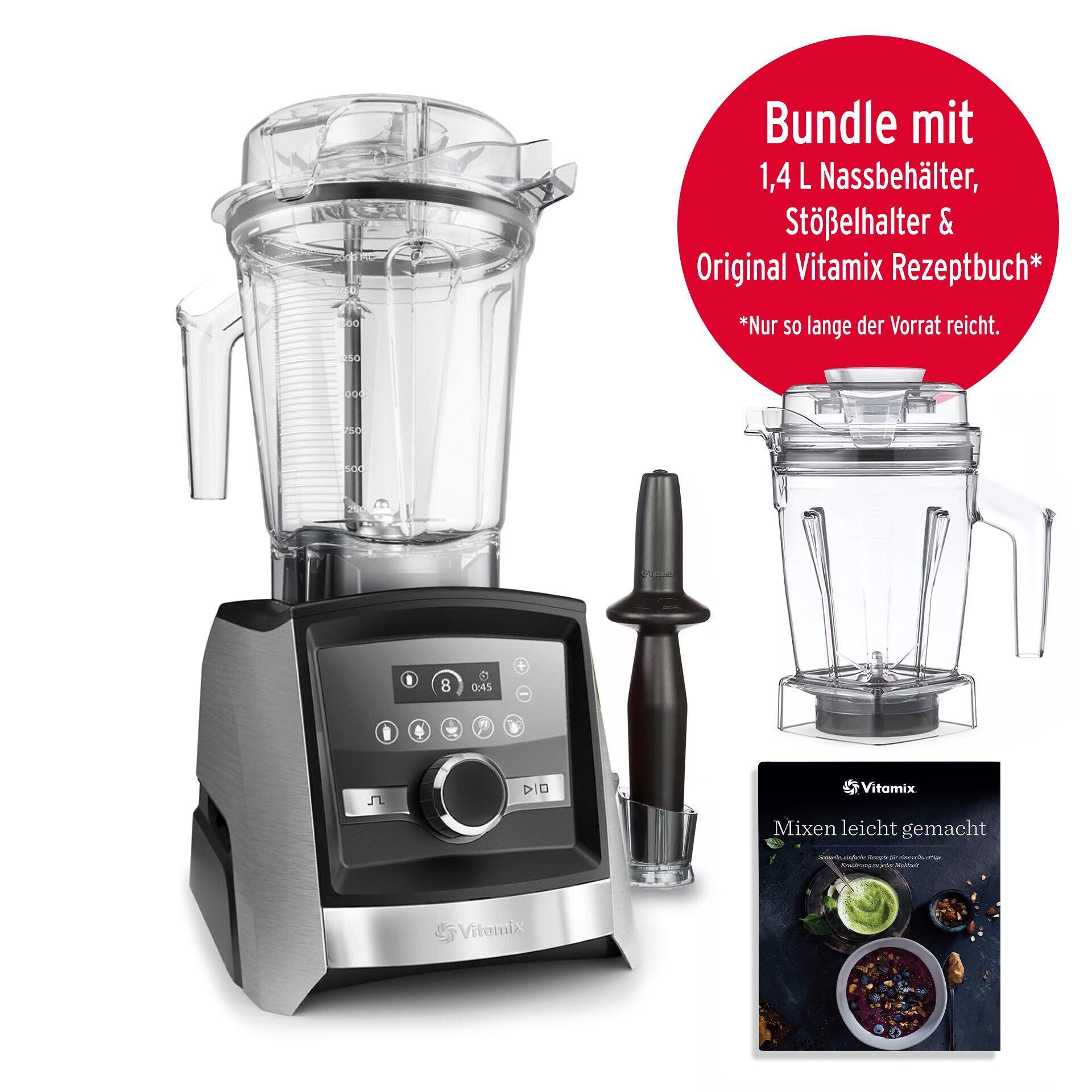 Hochwertiger Vitamix A3500i Standmixer aus Edelstahl mit digitalem Display, 1,4 Liter Nassbehälter, schwarzem Stößel mit Halter und dem Rezeptbuch Mixen leicht gemacht.