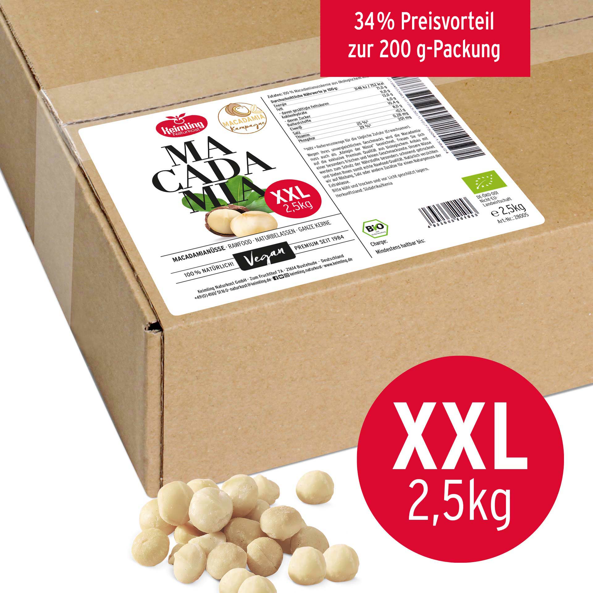 Macadamia, ganze Nüsse, bio 2.5 kg Großer Karton mit Macadamianüssen der Marke Heimling Naturkost. Auf dem Etikett steht XXL 2,5kg. Einige Macadamianüsse liegen vor dem Karton. Zusatz: Vegan, Bio und 34% Preisvorteil.
