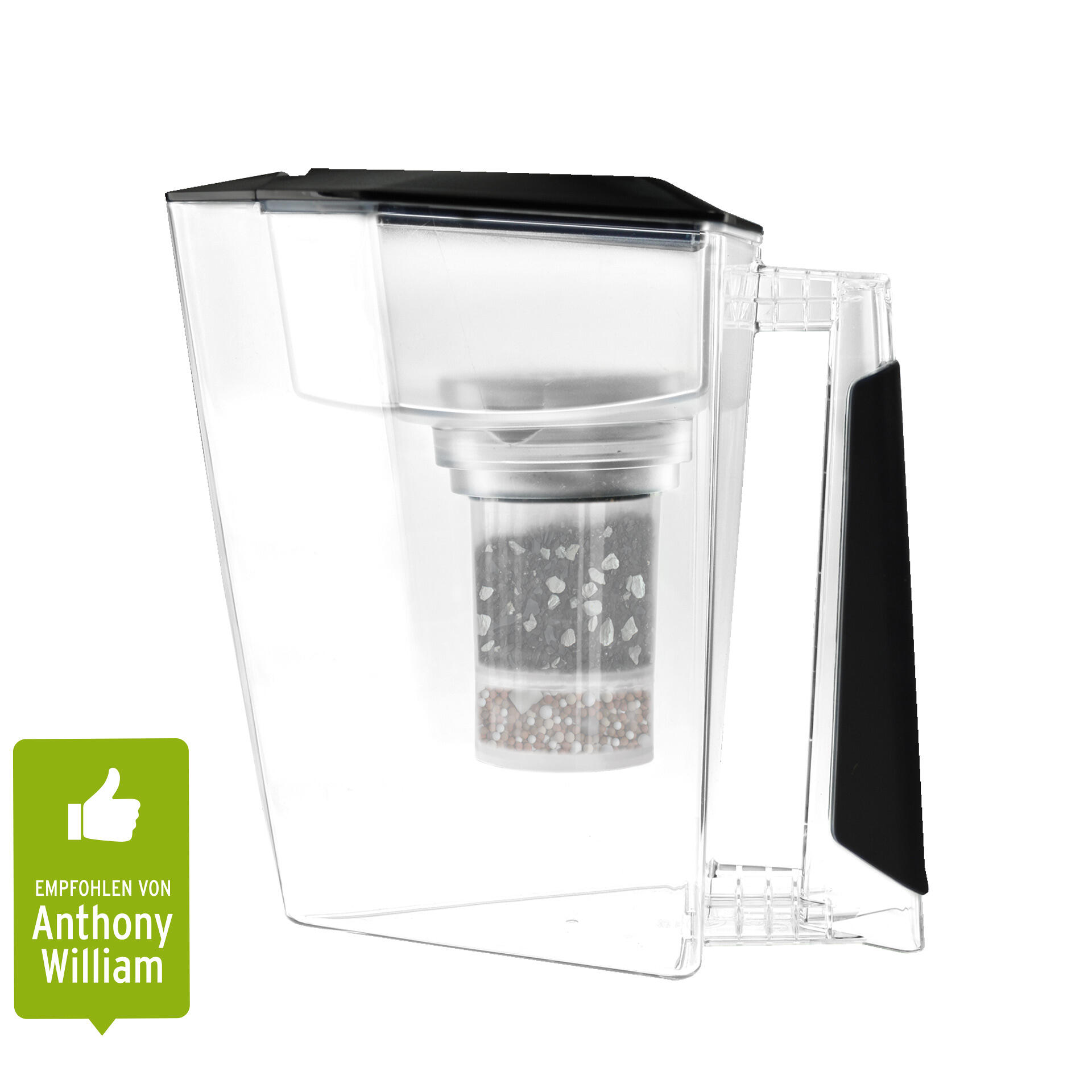 Transparenter Maunawai Kini Kannenwasserfilter mit schwarzem Deckel und Griff, sichtbarem innerem Keramik- und Mineralfilter, empfohlen von Anthony William.