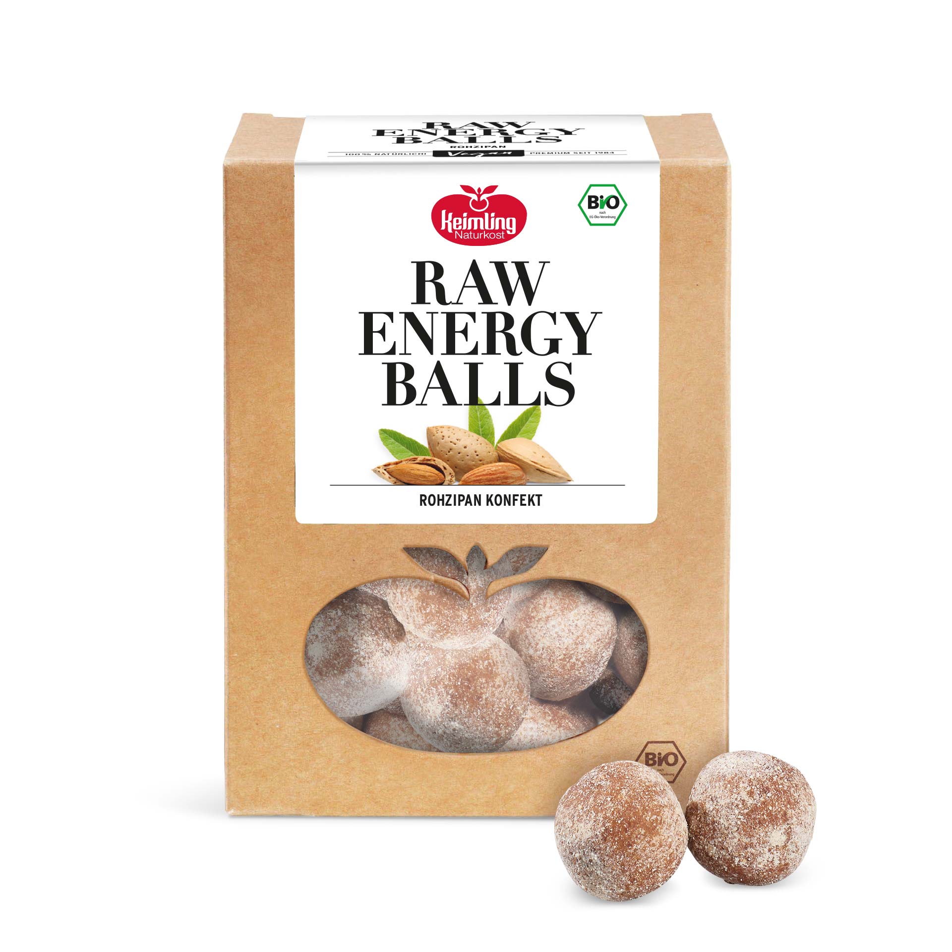 Verpackung der Keimling Naturkost Raw Energy Balls Rohzipan Konfekt mit sichtbaren braunen, puderzuckerbestäubten Energie-Balls. Auf der Verpackung sind Mandeln und das Bio-Siegel abgebildet.