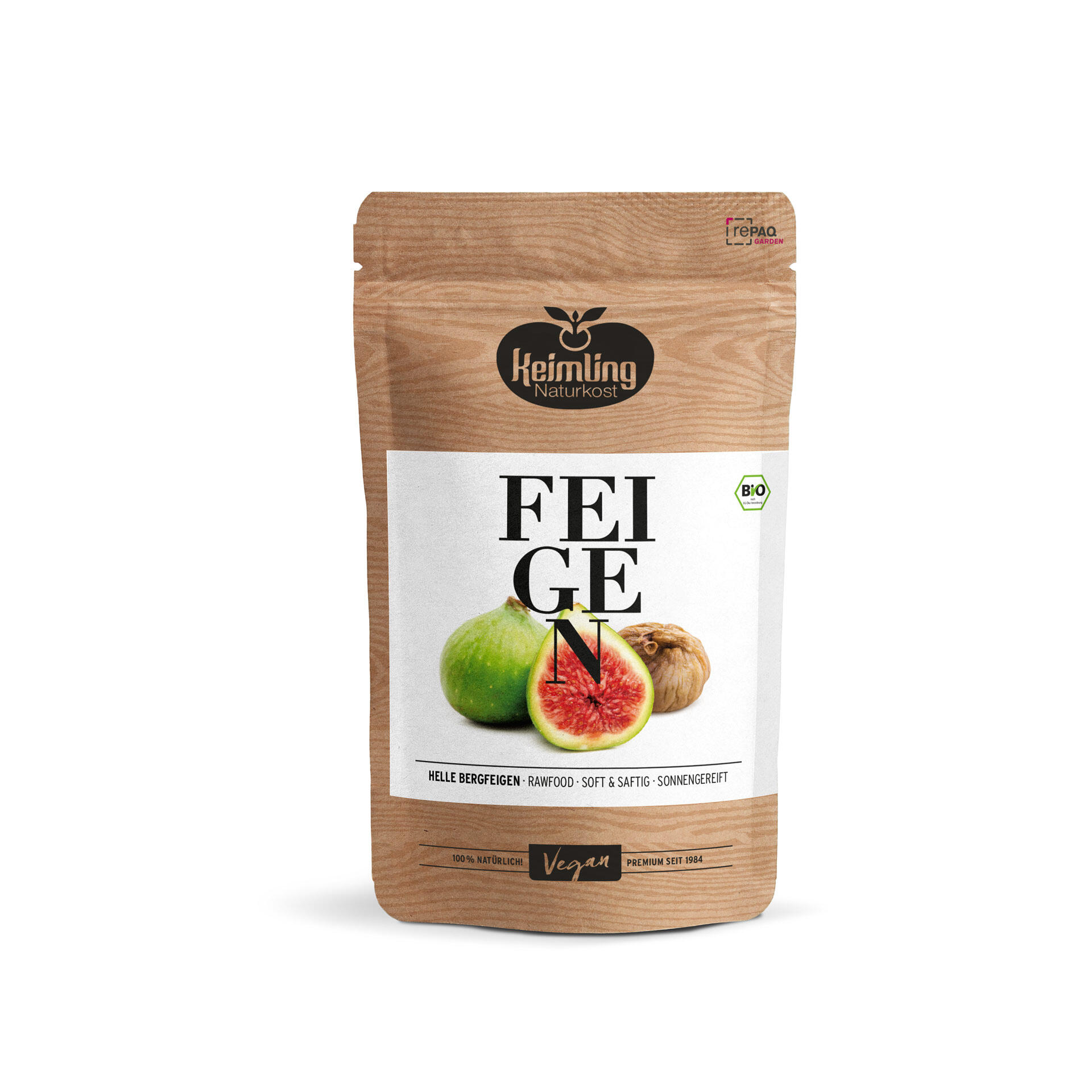 Helle Bergfeigen, bio 400 g Keimling Naturkost Verpackung mit der Aufschrift Feigen. Vorderseite zeigt eine grüne Feige, eine halbierte Feige mit rotem Inneren und eine getrocknete Feige. Bio- und Vegan-Label sichtbar.
