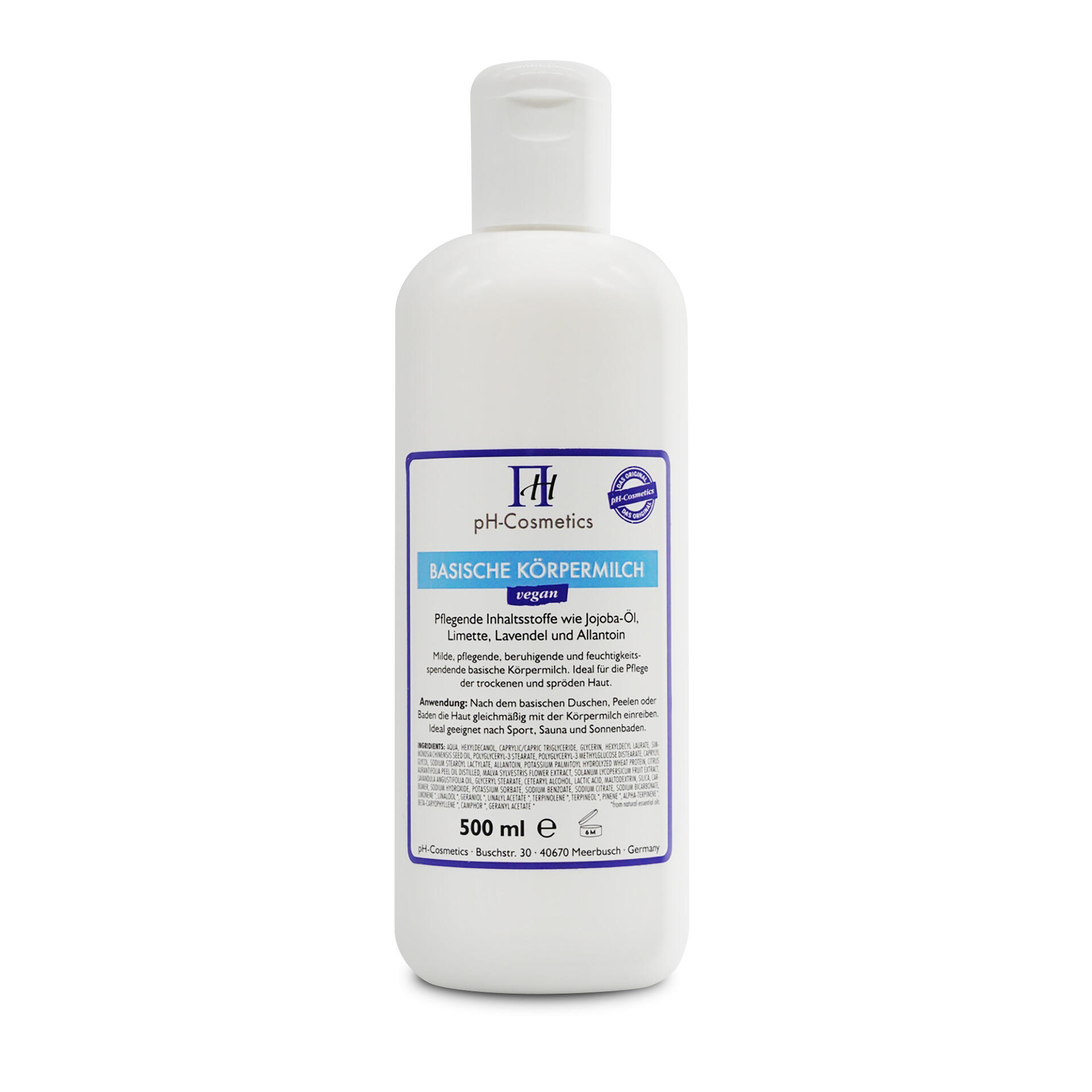 pH Cosmetics basische Körpermilch 250 ml Weiße Flasche mit aufgedrucktem Etikett der Marke pH-Cosmetics. Produktname ist Basische Körpermilch vegan mit pflegenden Inhaltsstoffen wie Jojoba-Öl, Limette, Lavendel und Allantoin. 500 ml Inhalt.
