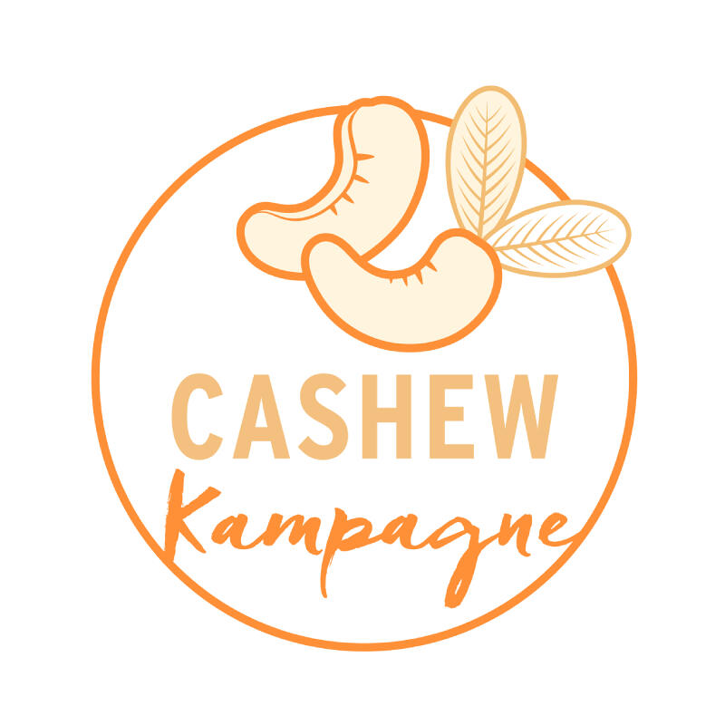 Zwei stilisierte Cashewkerne und zwei Blätter sind in einem orangefarbenen Kreis angeordnet. Darunter steht der Text CASHEW Kampagne in Groß- und Schreibschrift.