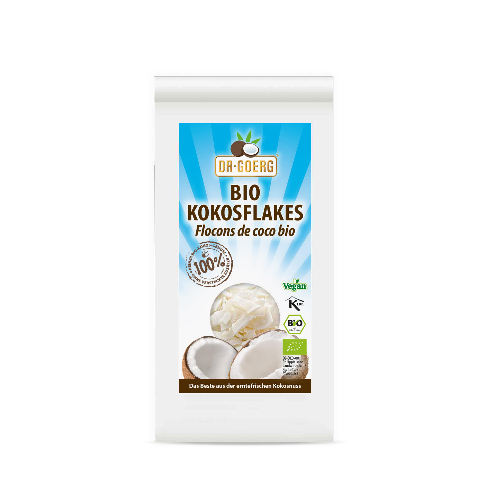 Verpackung von Dr. Goerg Bio Kokosflakes mit einem Fenster, das weiße Kokosflocken zeigt. Auf der Verpackung steht 100 % reiner Bio-Kokos-Genuss und Das Beste aus der erntefrischen Kokosnuss.