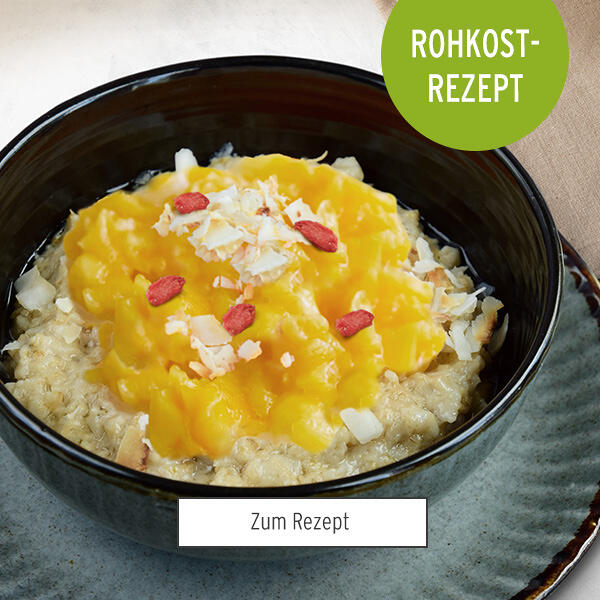 Schwarze Schüssel mit einem Brei, der mit gelber Mangosoße, weißen Kokosflocken und roten Goji-Beeren garniert ist. Grüner Kreis mit dem Text Rohkost-Rezept oben rechts.